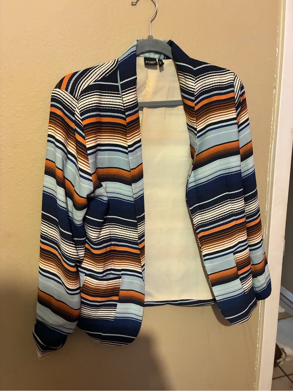 Striped Open-Front Women's Blazer Jacket - Navy, Light Blue & Brown